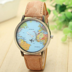 Fashion Watch Woman 2017 PU Leather Global Travel By Plane Map Quartz Wrist watch Women Clock Female Montre Femme - watchkarter