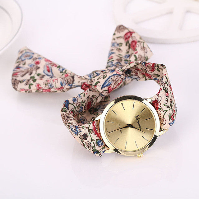 relojes mujer 2017 Womens Floral Jacquard Cloth Quartz Bracelet Watch Wristwatch Cloth fabric Watch vrouwen horloge - watchkarter