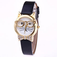 Genvivia High Quality Top Women Watches Cute Glasses Cat Women Analog relogio QuartzDial Thin LeatheWristwatch relogio feminino - watchkarter