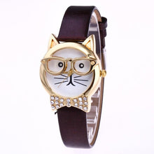 Genvivia High Quality Top Women Watches Cute Glasses Cat Women Analog relogio QuartzDial Thin LeatheWristwatch relogio feminino - watchkarter