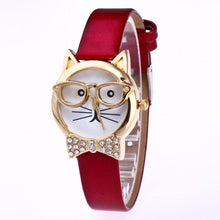 Genvivia High Quality Top Women Watches Cute Glasses Cat Women Analog relogio QuartzDial Thin LeatheWristwatch relogio feminino - watchkarter