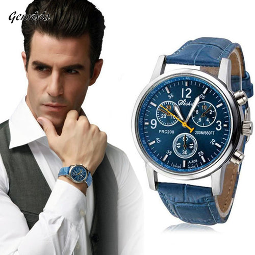 GENVIVIA High Quality New Brand Luxury Fashion Faux Leather Relogio Masculino Men Watch Hot Sale Analog Watches Blue - watchkarter