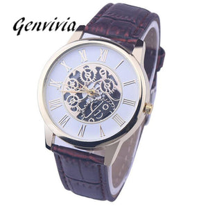 GENVIVIA Men Leather Mechanical Wristwatch 2017 Fashion Rome Digital skeleton dress wristwatch Analog Dial Quartz Wrist Watches - watchkarter