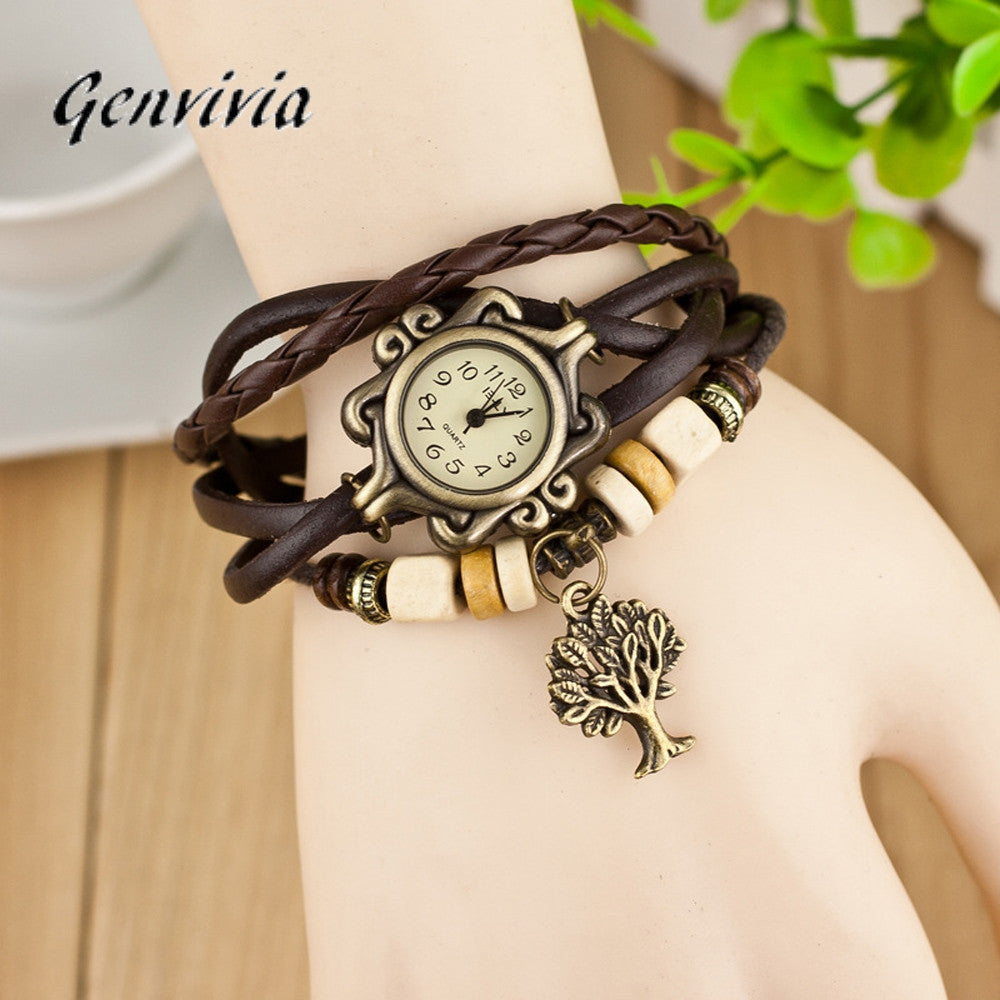 GENVIVIA reloj vintage women,leather band Quartz Bracelet Watch women Lady WristWatch luxury Dress Watches reloj mujeres - watchkarter