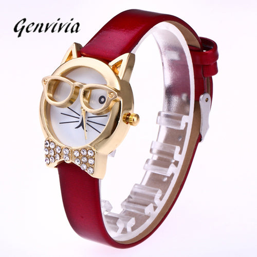 Genvivia High Quality Top Women Watches Cute Glasses Cat Women Analog relogio QuartzDial Thin LeatheWristwatch relogio feminino - watchkarter